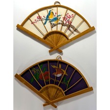 Vintage Hand Painted Chinese Fans Bamboo & Fabric Birds Flowers Asian Wall Decor picture