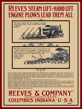 1912 Reeves Hand & Steam Lift Plows - Columbus Indiana NEW Metal Sign: 12x16