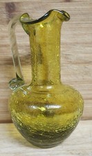 Vintage Yellow Amber Crackle Glass Mini Pitcher/Vase Glows Orange picture