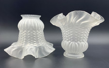 Pair Antique Art Deco Ruffled Tulip Frosted Glass Lamp Shades Bell Shape picture