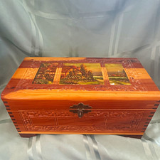 Wood Jewelry Box Mirrored Lid Landscape Scene Rectangle Brown Latch Closure picture