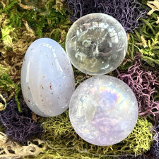 3pc Polished Crystal Set- Opalite sphere, clear quartz sphere, and blue lace picture