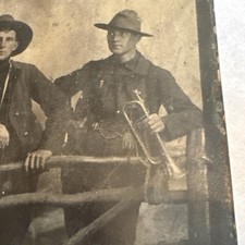 6th Plate Tintype Indian Wars US Military Cavalry Soldiers Bugle Trumpet Fence picture
