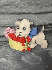 Vintage Gibson Valentine Card Puppy Dog Terrier Basket Hearts Bow Pink Bow Cute picture