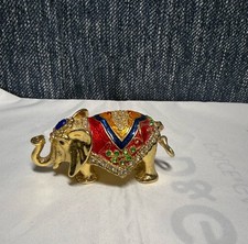 Qifu Gold Tone Metal Hinged Elephant Trinket Box w/ Rhinestones, Red/Blue/Green picture