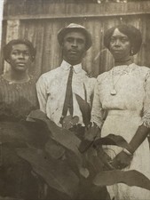 Vintage RPPC African American Black Interest Photo Postcard Man 2 Women Leaves picture
