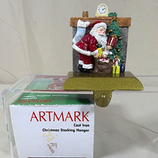 Vintage Artmark Cast Iron Santa Fireplace Christmas Stocking Holder Hanger w Box picture