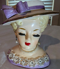 Vintage Rubens 499X Lady Head Vase Japan Mid Century Purple Hat Blonde Jewelry picture