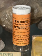 DEXEDRINE Dextro Amphetamine Spansule Bottle Glass Desoxyn Pharmacy EMPTY *RARE* picture