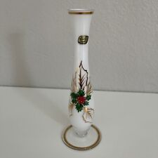 Bohemia Crystal Pedestal  Bud Vase White Glass Hand Painted Holly Berries picture