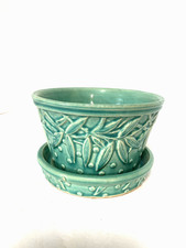 Vintage McCoy Pottery Turquoise Leaves Hobnail Flower Pot Planter w/Saucer picture