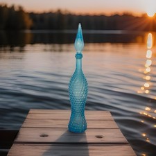 VINTAGE AGUA BLUE EMPOLI GENIE BOTTLE 22.5'' Tall Manganese Glow Stopper Chipped picture