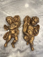 Vintage Homco Gold Chair Wall Plaques Pair 1120 Angels Putti Set of 2 Medium MCM picture