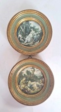 Vtg Italian Round Miniature Prints Gilt  Sage Green Distressed Wood Frame Rococo picture