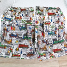 Vintage Train Fabric PAIR Drapery Panels Curtain Locomotives Railroad 1970s picture