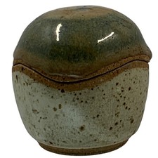 Vintage Studio Pottery Handcrafted Lidded Trinket Jar Stoneware Green Cream 3in picture