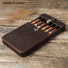 Vintage Crazy Horse Leather Cigar Case 6 Count Lock Drawer Humidor Travel Box picture
