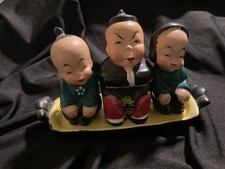 Vtg Maruri Asian Boy Girl  Salt & Pepper Shakers and Mustard Pot on Tray picture
