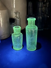 2x Antique Vintage Small Mini UV Bright Green Glowing Display Decorative Bottles picture