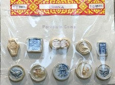 Vintage Siam Thailand Porcelain Gambling Tokens Coins 10 Pc Souvenir Set Carded picture