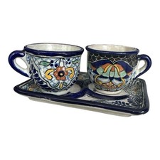 Uriarte Talavera Puebla Mexico Espresso Tequila Set 3 Pc Tray Cups Signed DO4 picture