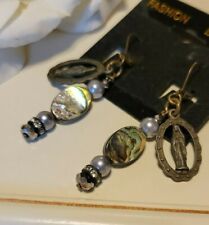† Religious Abalone Dangle Pierced Earrings Antique Brass 2