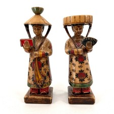 Vintage 1960s Cream Polychrome Bonded Resin Chinoiserie Figurine Sculptures picture