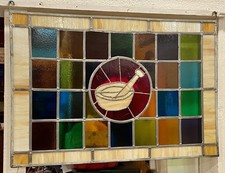 Large Vintage Pharmacy Apothecary Stained Glass Sign Panel Mortar & Pestle picture