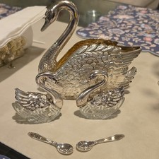 Godinger Silver Plated & Crystal Swan Napkin Holder S/P Cellars W/ Spoons picture