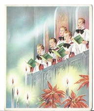 VTG CHRISTMAS CARD 4.75X5.75 CHOIR BOYS SINGING CAROLS - RED POINSETTIAS picture