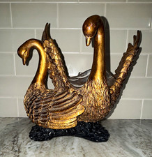 Gold Tone Double Swan Resin Figurine with Wings Bird Decor Centerpiece picture