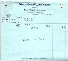 1925 Warren-Allen Carpet Co. Boston Rugs Billhead picture