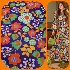 VTG 70s Nylon Fabric Psychedelic Flower Power  Hippie Mod Groovy 3Yards 47