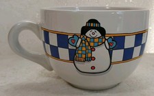 J.I.I Snowman Ceramic Mug Soup Cup Bowl Winter Christmas Blue Check Vintage 1998 picture