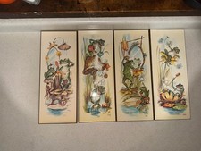 Vintage 1976 Coby Anthropomorphic Frog Bathroom Wall Art Prints Wooden Set of 4 picture