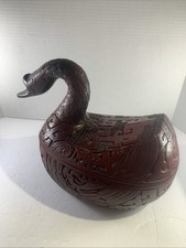 Large Vintage Lacquer Cinnabar Swan Chinese Box Hand Carved Lid Duck 13” Superb picture