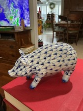 Andrea By Sadek Porcelain Fishnet Pig Hand Painted Blue and White Vintage picture