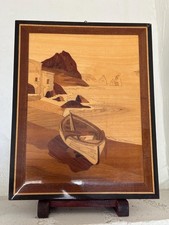Vintage Wood Marquetry Wall Art Fishing Boat Rocks of Capri Wood Inlay Picture picture