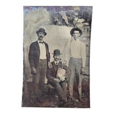 3 Smoking Men Holding A Metal Pale Bucket Tintype Photograph Occupational picture