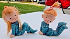 Vtg Red Ginger Hair Pixie Elf Girls Ceramic Figurines Unbranded Napco? Japan picture