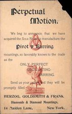Jewelry Postal Card Oscillating Earring Herzog Goldsmith New York City 1890s picture