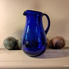 Vintage Cobalt Blue Hand Blown Glass Pitcher Art Glass Pontil Mark Pristine picture