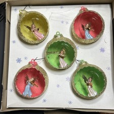 VTG SET OF (5) DECOR GOLD GLITTER & ANGELS CHRISTMAS BALLS  IN ORIGNAL BOX picture