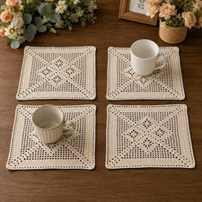 4Pc/Lot 10in Vintage Hand Crochet Doilies Square Cotton Lace Placemats Table Mat picture