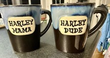 Harley Dude & Harley Mama Ceramic Coffee Mugs By Ganz Blue & Black Gradient EUC picture
