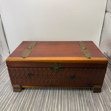 Vintage Hand Carved Cedar Wood Keepsake Jewelry Box Brass Hardware 10x6x4 picture