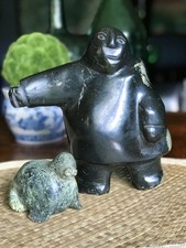 Vintage Mid Century Inuit Soapstone Serpentine Sculpture Eskimo Hunter Seal picture