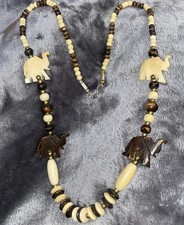 Vintage Hand Carved Wood Elephants Necklace Trunk Up Good Luck Pendant Boho picture
