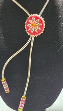 VTG Hand Beaded Bolo Tie Western Seed Bead Rosette Medallion Leather Back 2