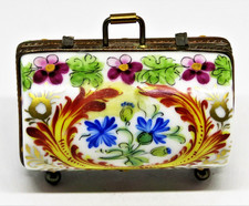 LIMOGES FRANCE BOX- FLORAL SUITCASE - LUGGAGE - TRAVEL BAG - FLOWERS & FLAMES picture